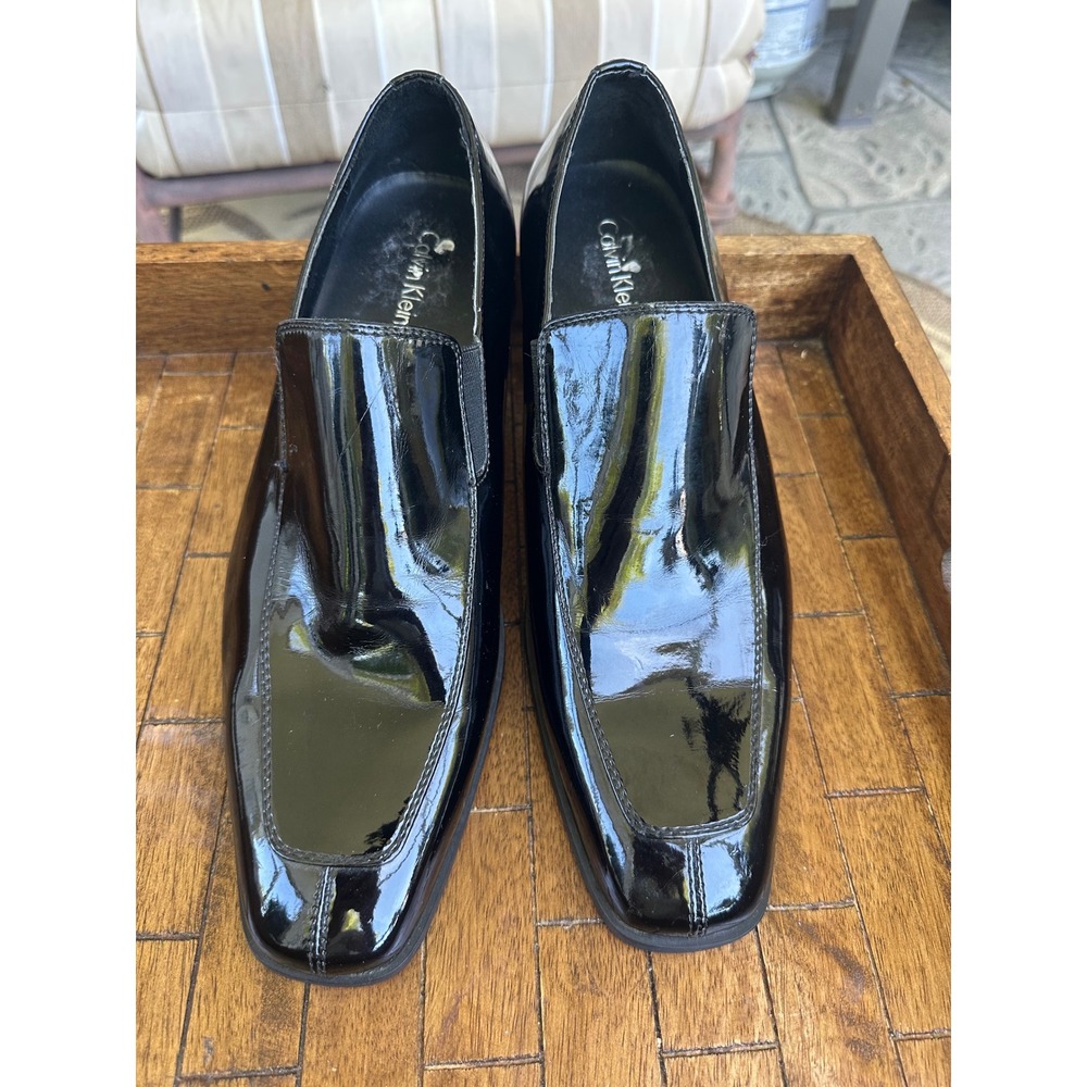 Calvin Klein Mens Gregory Black Patent Leather Square Toe Slip On Loafers 10M